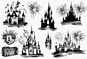 Disney park icon in black and white with watercolor fireworks behind. Watercolor should be green, yellow, and purple. tattoo idea
