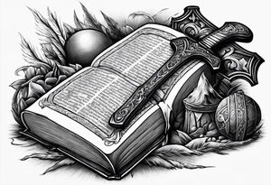 An opened bible with a battle Axe tattoo idea