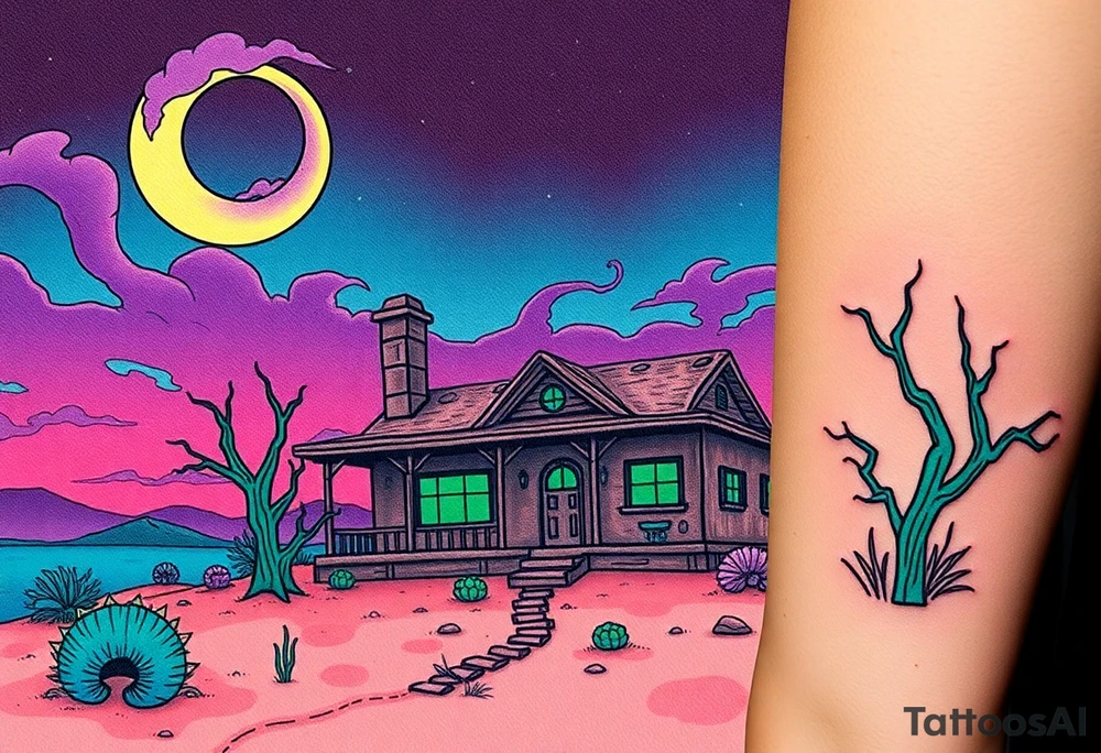 Tim Burton’s haunted desert bungalow is abandoned and dripping with muted reds, dusty pinks, and eerie green glow.purple and cyan smokey clouds swirl in the crescent moonlit sky thats sprinkled with stars tattoo idea tattoo idea