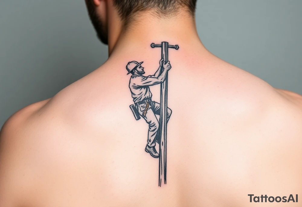 realistic tattoo of a power lineman climbing a wooden pole tattoo idea