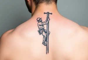 realistic tattoo of a power lineman climbing a wooden pole tattoo idea