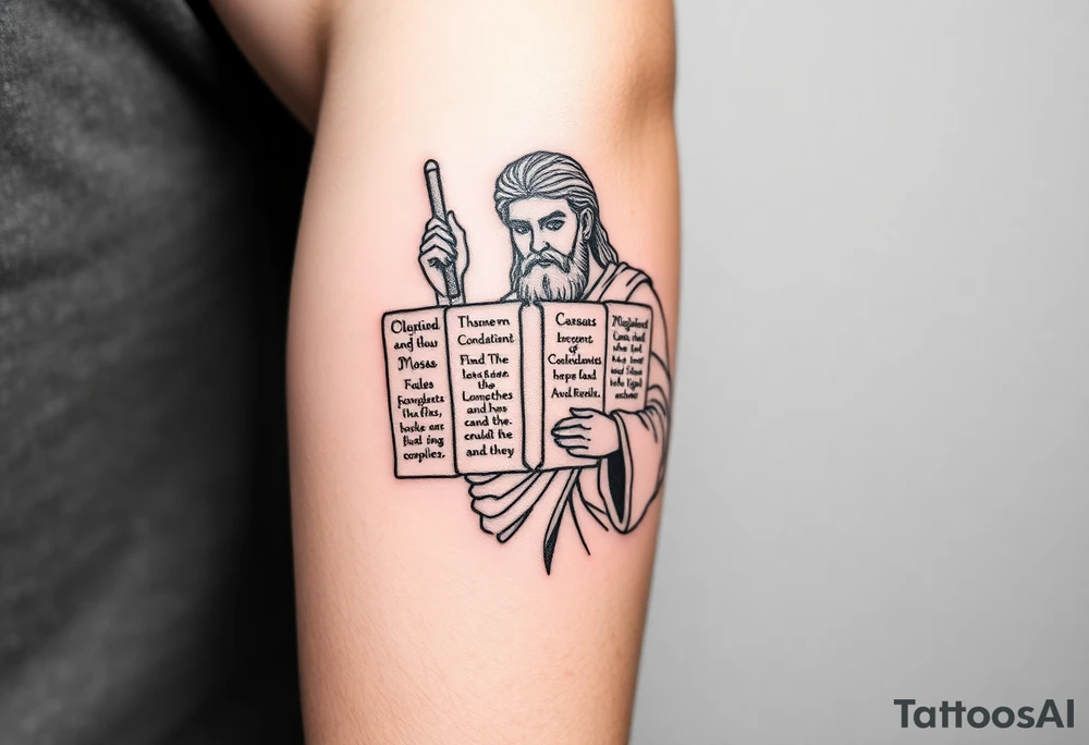 Moses holding the Ten Commandments sleeve tattoo idea