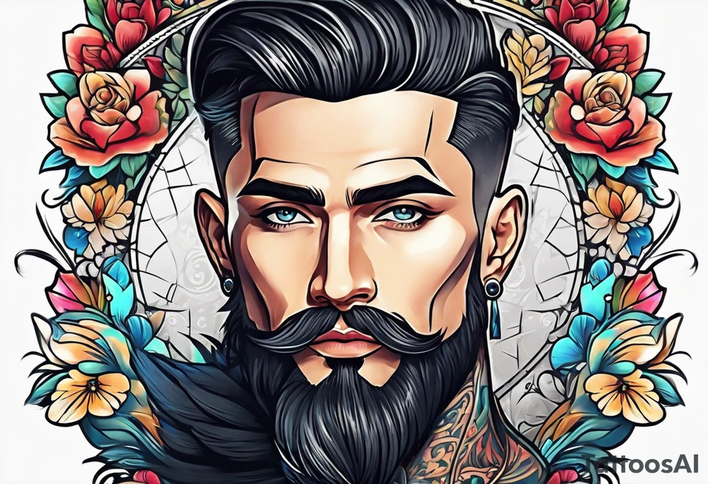 Male, slim build, oval face, sunken eyes, high cheek bones, hairstyle has fade on sides and long on top, tattoo idea