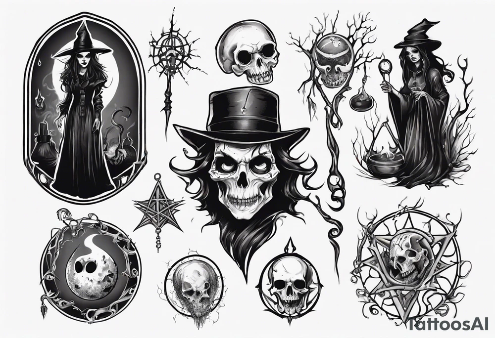 a Tim Burton-style witch necromancer tattoo idea