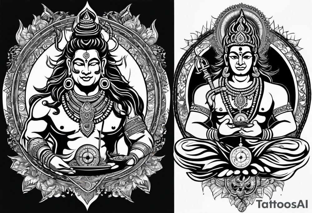Lord Shiva and lord hanuman with a compass on background tattoo idea
