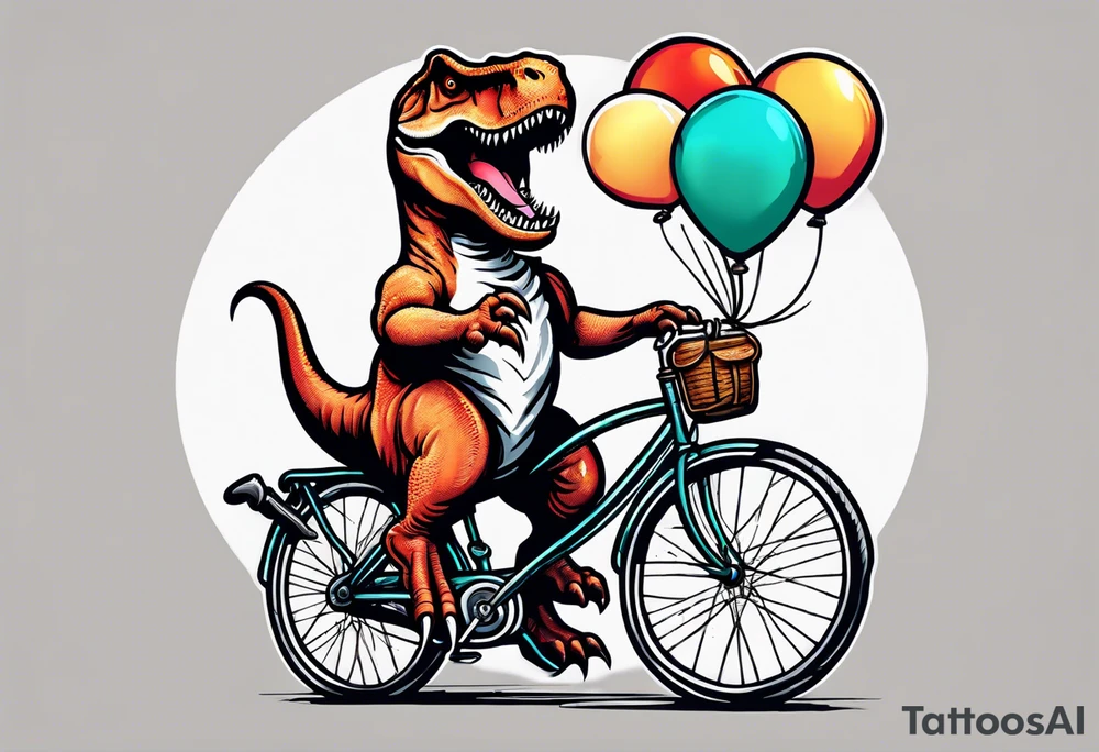 T-rex riding a bicycle holding balloons neo trad front view tattoo idea