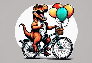 T-rex riding a bicycle holding balloons neo trad front view tattoo idea