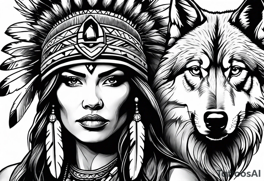 Female Native American warrior with wolf head hat tattoo idea Female Native American warrior with wolf head hat tattoo idea