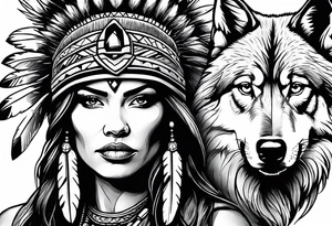 Female Native American warrior with wolf head hat tattoo idea