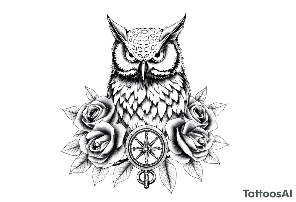 an owl,roses,compass,key. tattoo idea
