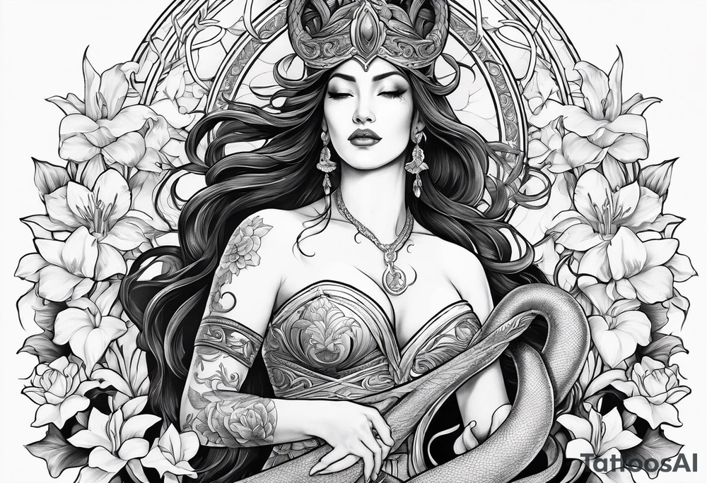 a side view of the goddess lilith holding a serpent surrounded by lilies tattoo idea
