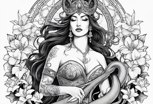 a side view of the goddess lilith holding a serpent surrounded by lilies tattoo idea