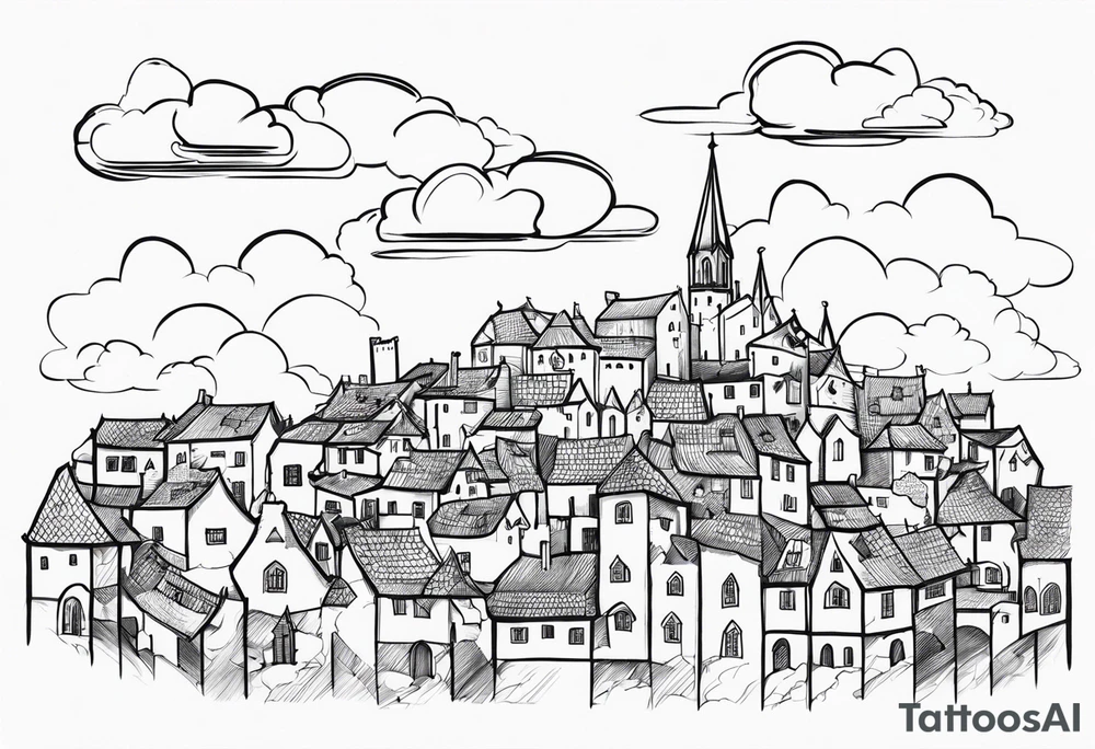 cloud medieval town tattoo idea