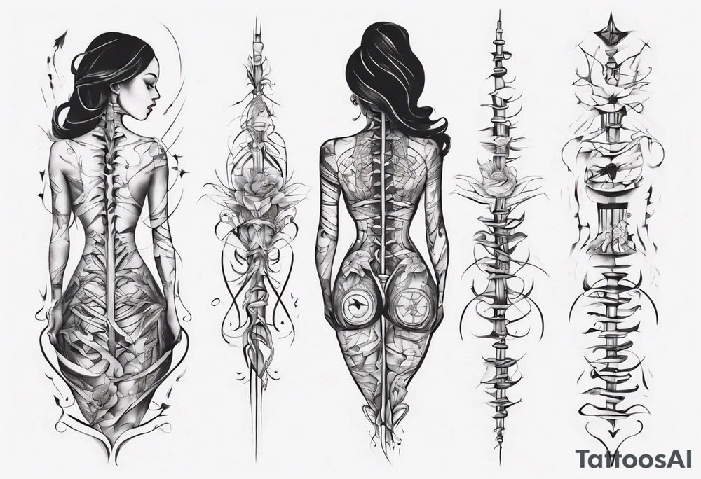 A spine tattoo that incorporates a woman’s figure into the linework tattoo idea