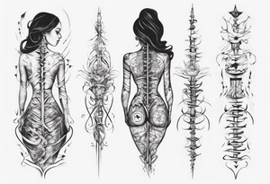 A spine tattoo that incorporates a woman’s figure into the linework tattoo idea