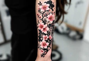 Japanese-Inspired Sakura Sleeve – A full arm sleeve with vibrant pink blossoms, bold black branches, and traditional elements like waves, smoke, and clouds, all done in a classical Irezumi style. tattoo idea