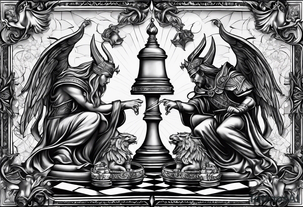 2 people chessboard with angelic and demonic chess pieces engaged in a strategic game, symbolizing the eternal battle between good and evil tattoo idea