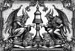 2 people chessboard with angelic and demonic chess pieces engaged in a strategic game, symbolizing the eternal battle between good and evil tattoo idea