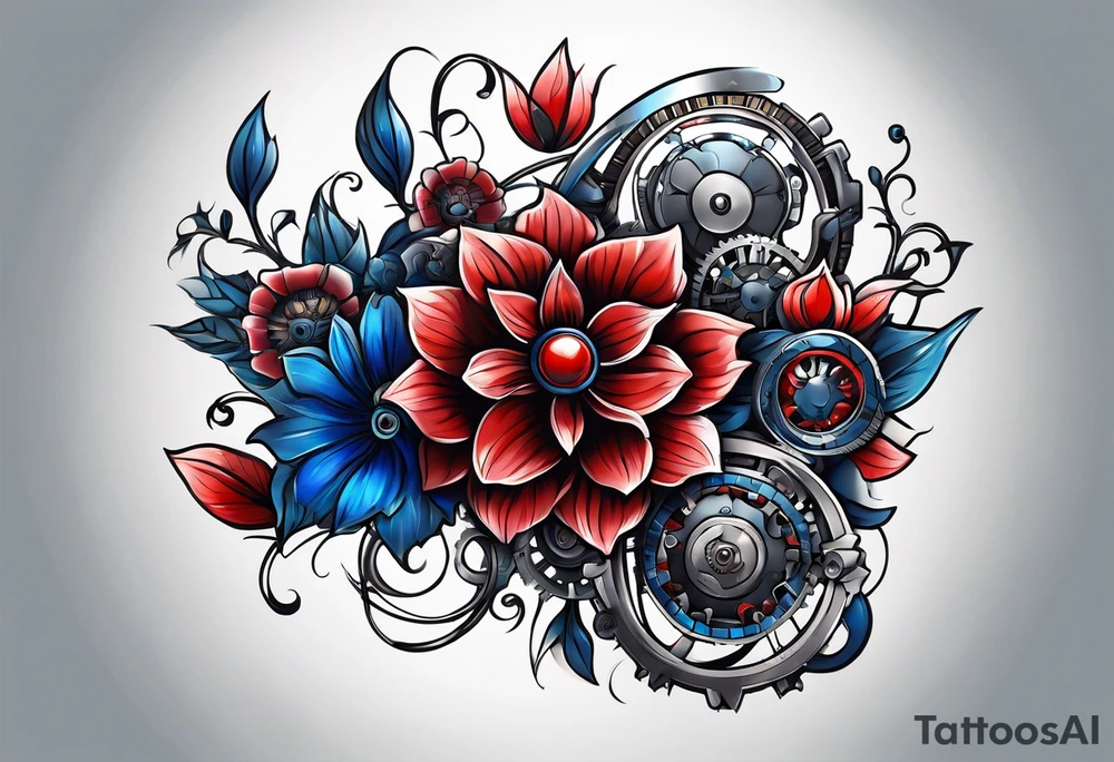 Mechanical flowers with blue and red accents tattoo idea