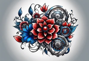 Mechanical flowers with blue and red accents tattoo idea
