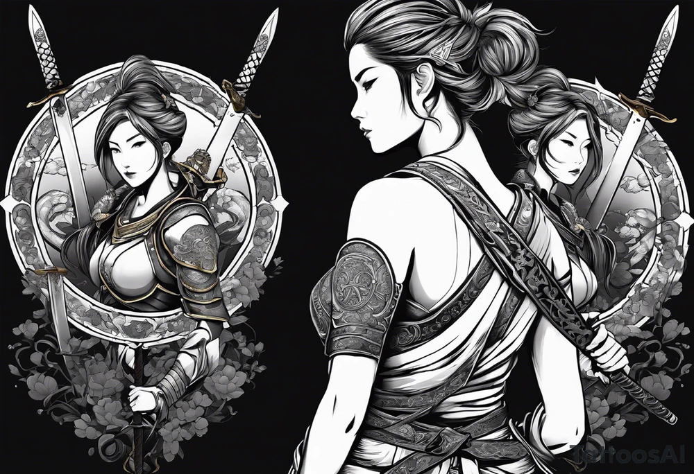3 female warriors in full body armor wielding dual swords, you can only see their backs, in front of a incomplete enso circle tattoo idea