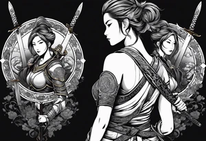 3 female warriors in full body armor wielding dual swords, you can only see their backs, in front of a incomplete enso circle tattoo idea