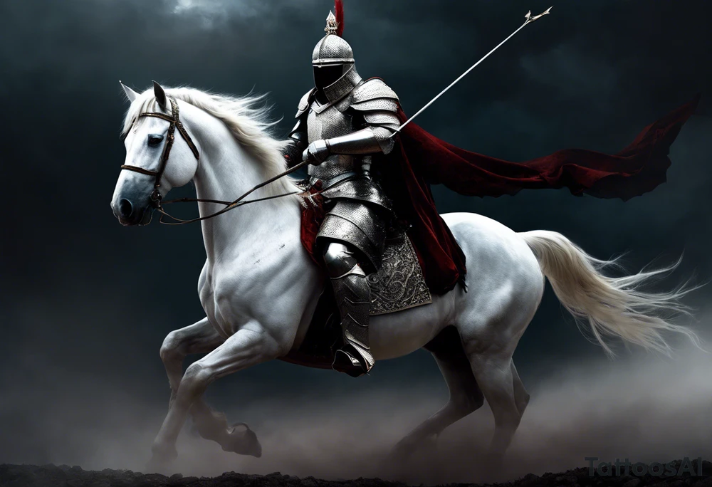 Dark art of the first horseman of the apocalypse. Wearing iron armor with a crown-shaped helmet, carrying a bow and arrows in one hand, he rides a white horse that is strong and slender, wearing shiny ornaments on his face. It is not possible to see the horseman's face, which is obscured by the darkness and fog in the image. It is important that the horseman is facing the image. tattoo idea