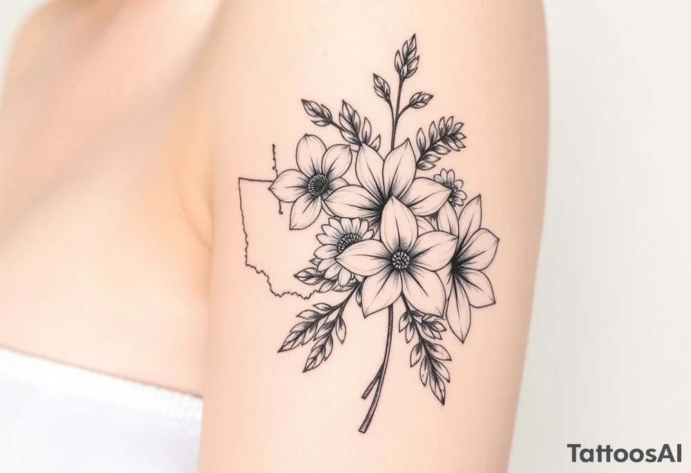 Washington state flower bouquet with texas state flower and Connecticut state flower tattoo idea