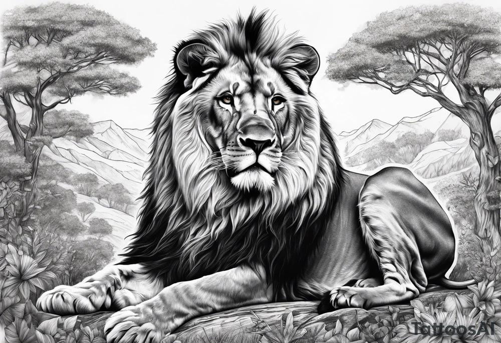 lion in nature with is family a tree tattoo idea
