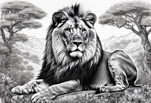lion in nature with is family a tree tattoo idea