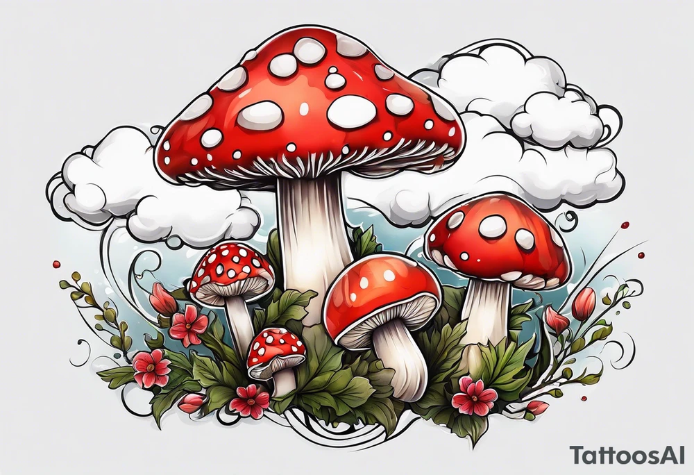 japenese clouds surrounds fly agaric mushroom tattoo idea