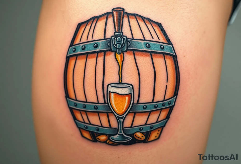 A realistic wooden beer barrel with metal bands, with beer dripping from open tap and beer glass standing near it tattoo idea