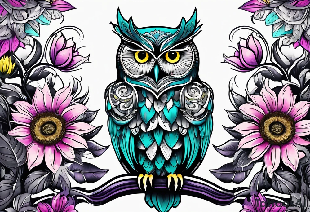 Black and white owl shaded teal, pink and purple surrounded by yellow sunflowers sleeve tattoo idea