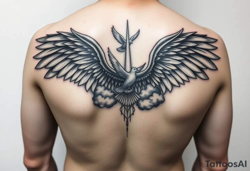 Tattoo is going to be on the left forearm and be a sleeve spreading out to my hand and a little on the fingers. 
Tattoo will be all black 
Theme is memorial 
Center pieces will be angle wings 
There will be clouds filling in the empty space and religious can be added into it also there will be doves moving into the clouds with a beacon of light reflecting moving onto heaven the amount of doves will be 6 flying into the sky Main dove will be my grandma who passed on April 13, 2023 tattoo idea