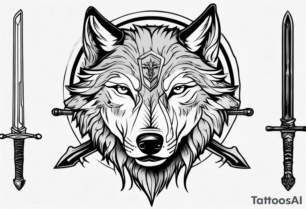 wolf head with sword in background tattoo idea