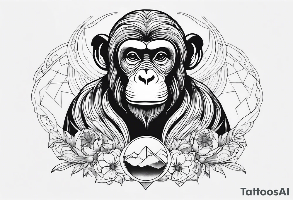 middle of the chest, minimalistic not detailed monkey and calming energies natural flow tattoo idea