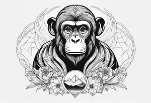 middle of the chest, minimalistic not detailed monkey and calming energies natural flow tattoo idea