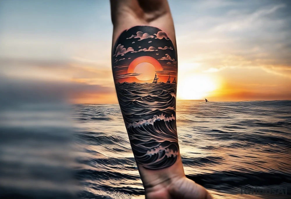 Tattoo on forearm from the perspective of being on the ocean at sunset. Water is calm, with very light waves, the sun is setting behind the ocean, reflecting light onto the ocean. tattoo idea