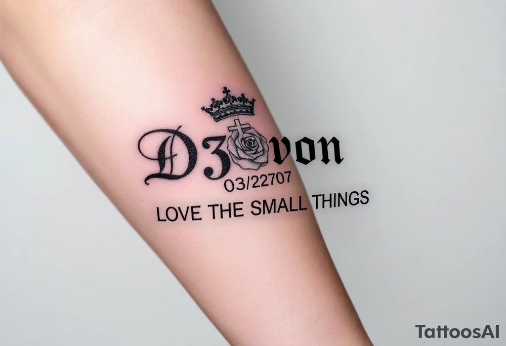 Name D3von with a crown and rose and cross and 03/27/07 and it says under all LOVE THE SMALL THINGS tattoo idea