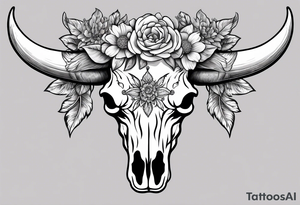 bull skull with flowers tattoo idea