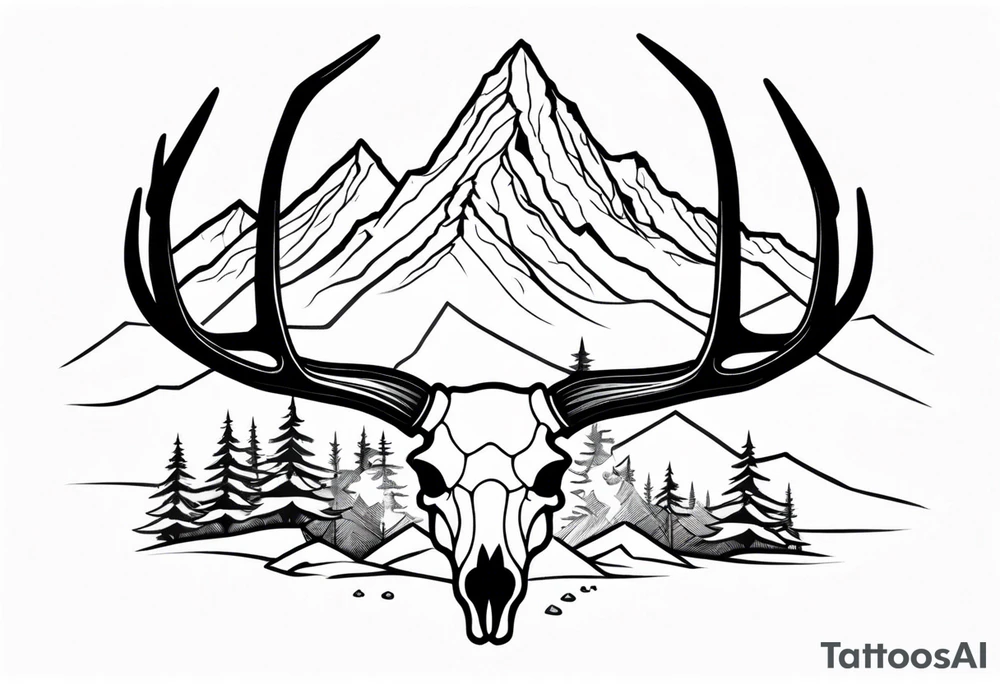 elk skull with mountains and trees tattoo idea