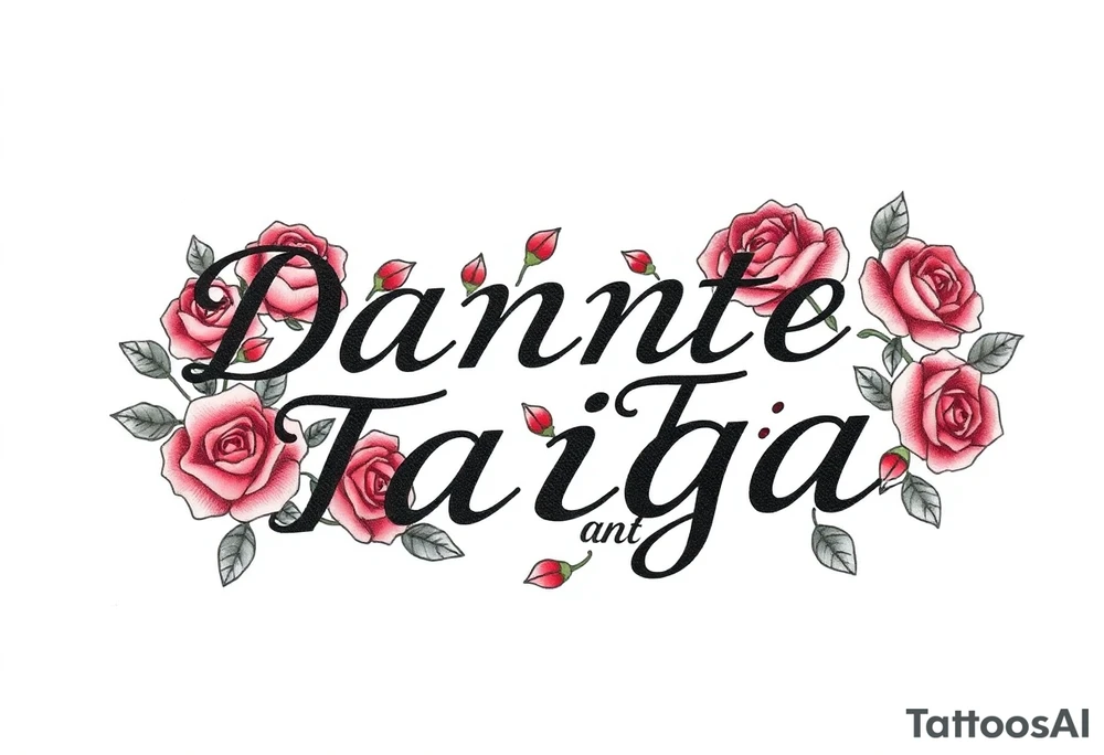 names Dante and Taiga surrounded by roses tattoo idea