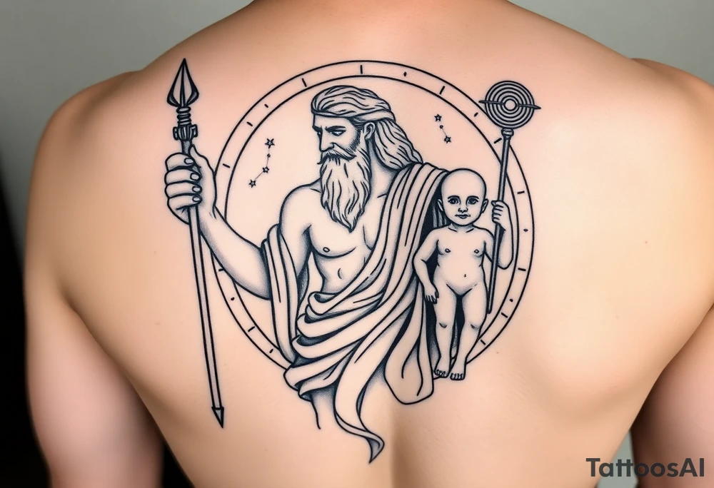a tattoo design of the Greek God Saturn holding his spear in one hand with the Saturn Symbol as the spear head, in his other hand holding a twin but younger version of himself. The gemini constellation is in the background behind the Saturn Gods with the saturn rings circling around the whole design on an axis. tattoo idea