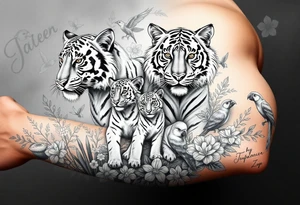 Beautiful, strong and fierce tiger parents with their 3 cubs in the jungle with flowers and macaws and birds with my children’s names “Jaiden, Jacob and Zaya” tattoo idea