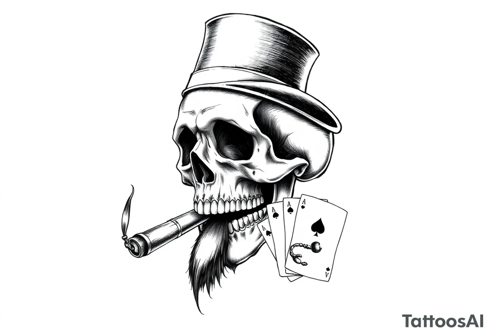 a skull with mustache, a big cigar in his mouth,top-hat on his head and playing cards in a hand. tattoo idea