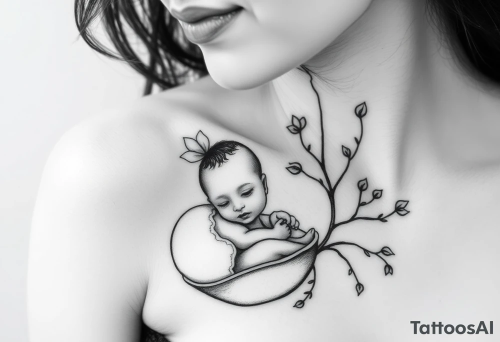 Mère assise  qui allaite son bébé, la mère à une fleur de lys sur la tête et des racines d’arbre de vie. Le bébé est dans une coquille œuf tattoo idea