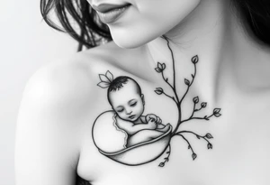 Mère assise  qui allaite son bébé, la mère à une fleur de lys sur la tête et des racines d’arbre de vie. Le bébé est dans une coquille œuf tattoo idea