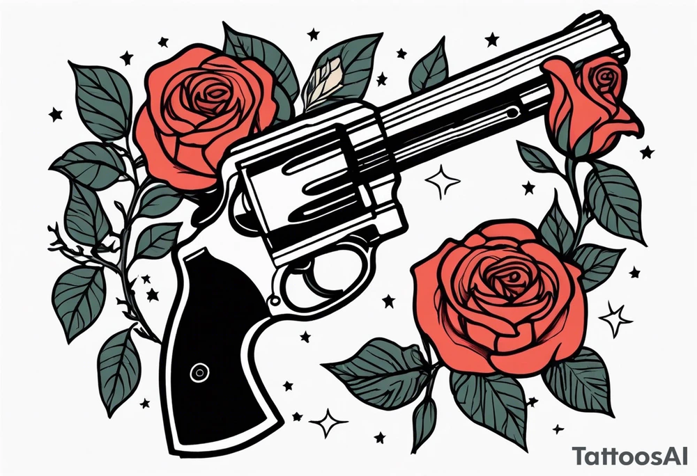 Revolver, roses, plants, pentagram tattoo idea