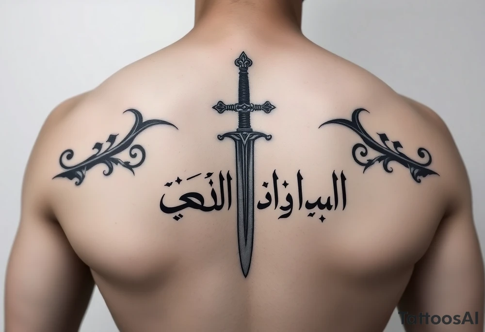 Arabian gothic style tattoo with a sword and looks middle eastern with Arabic writing tattoo idea