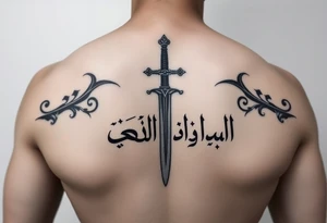 Arabian gothic style tattoo with a sword and looks middle eastern with Arabic writing tattoo idea
